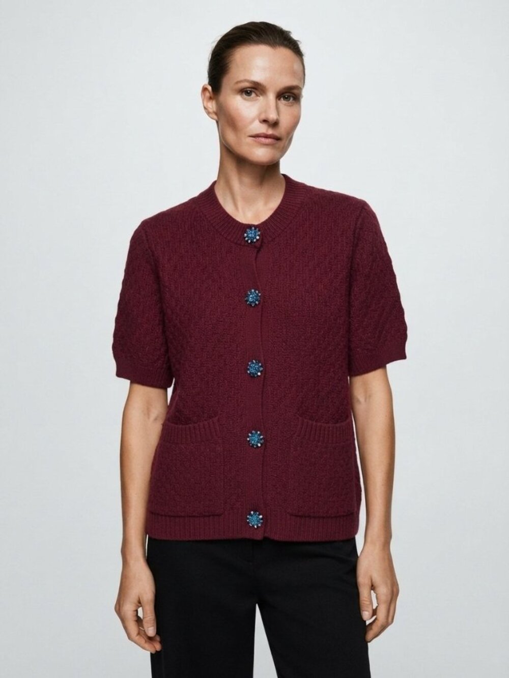 Zara Womens Cardigan sweater L Short Sleeve Red Crystal Button NWoT